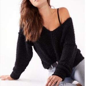 Free People Black V-Neck Cozy Fuzzy Sweater
